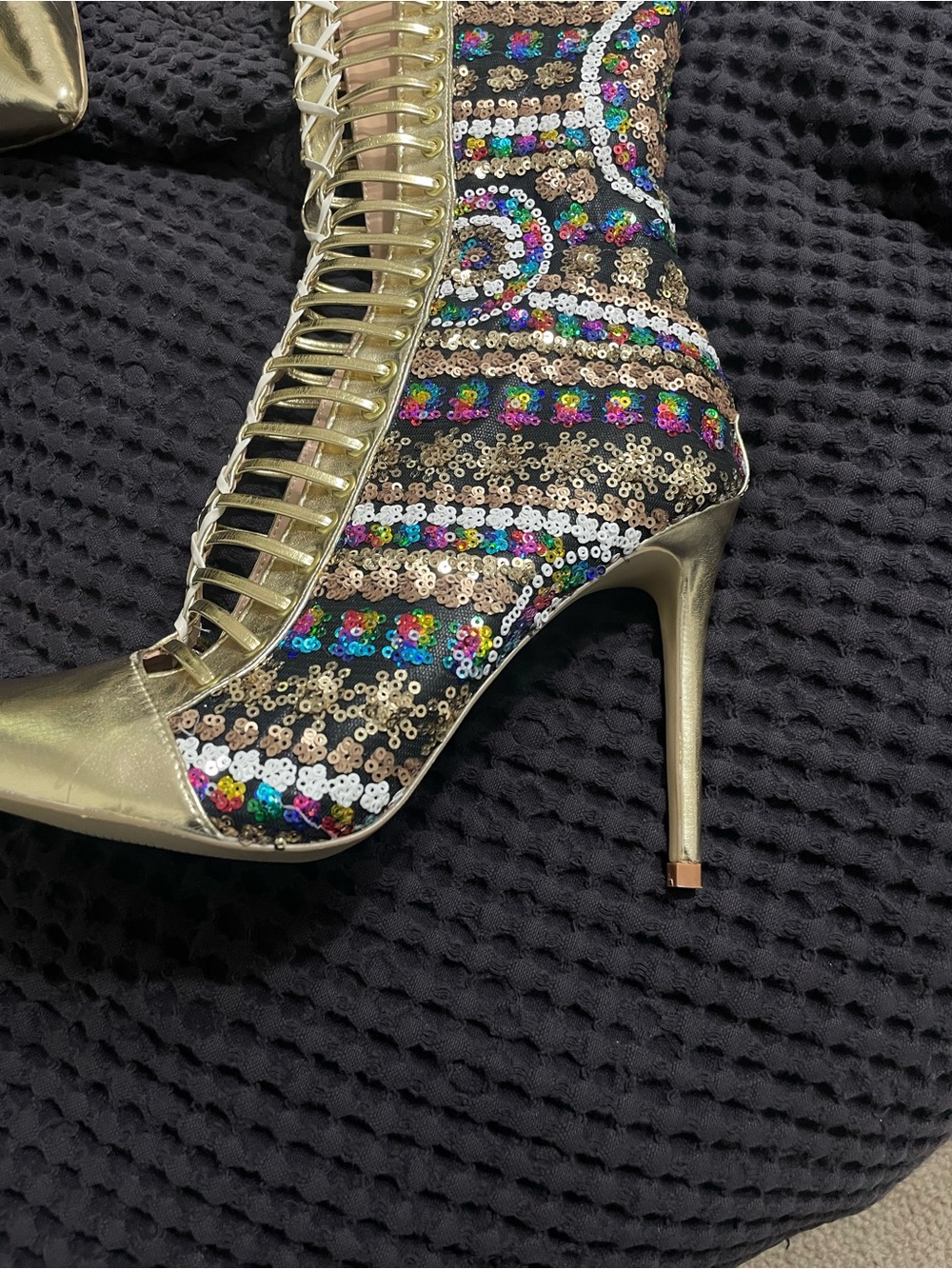 Sequin embossed, gold thigh Stiletto Boots - Women - Picture 7 of 13